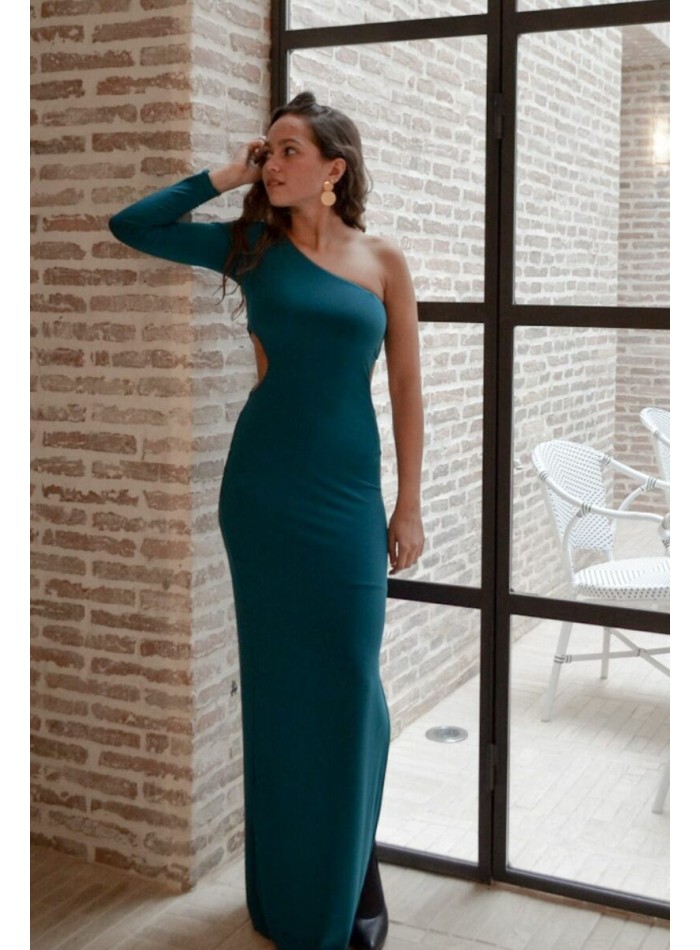 Long party dress with asymmetrical neckline and long sleeves