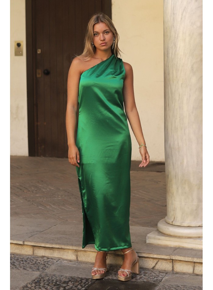 Satin midi party dress with asymmetrical neckline