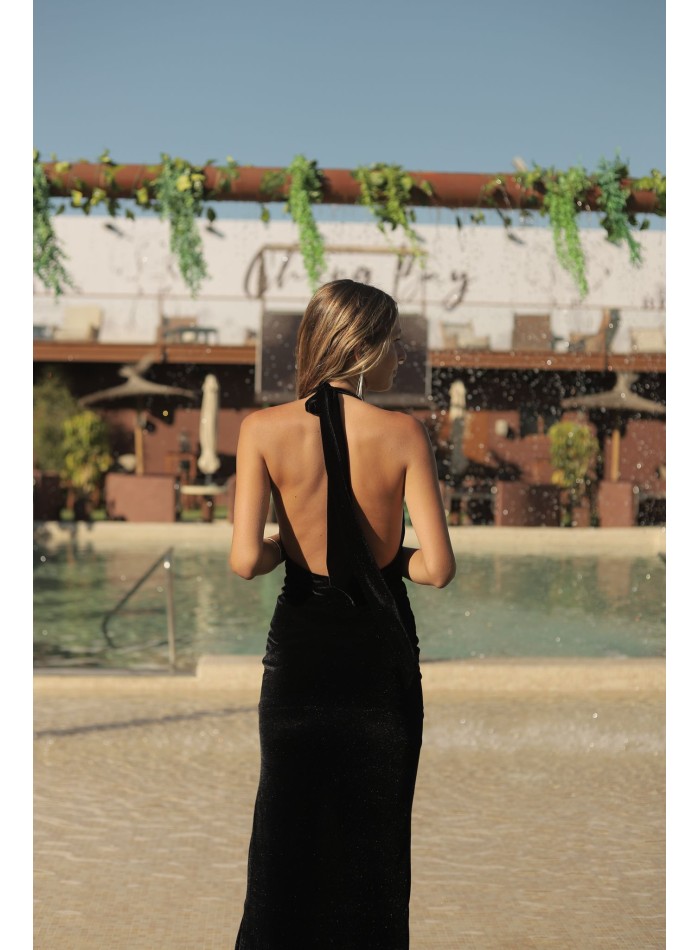 Black velvet halter neck dress best sale