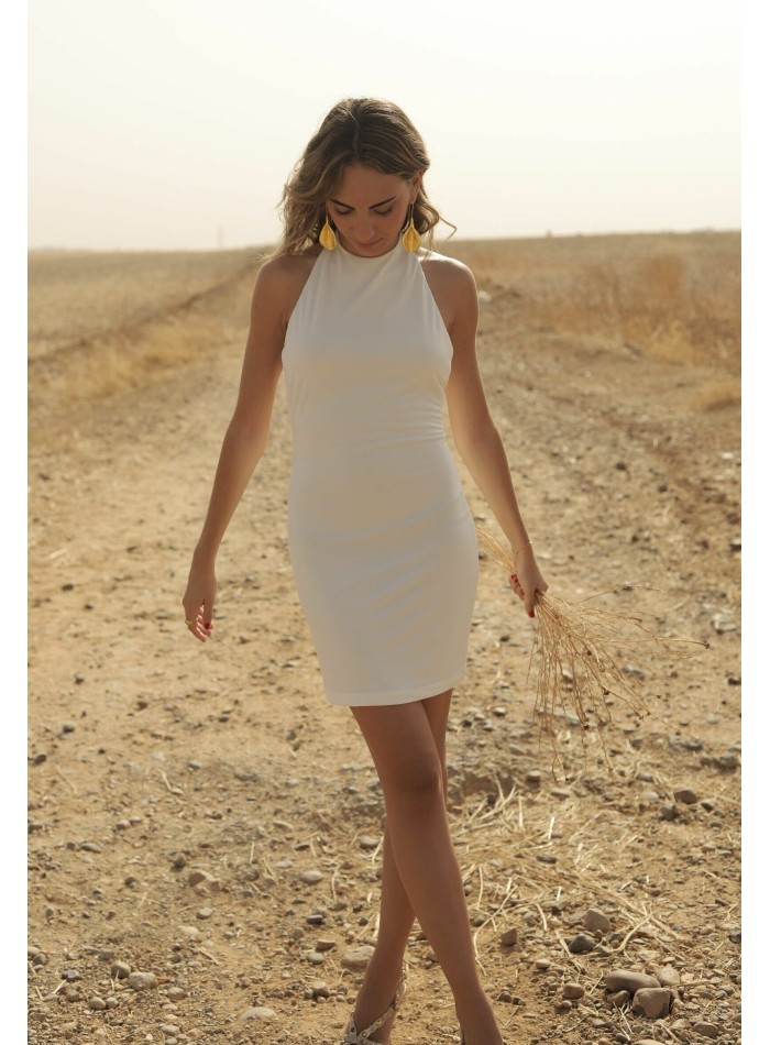 Short dress with lace-up neckline and open back