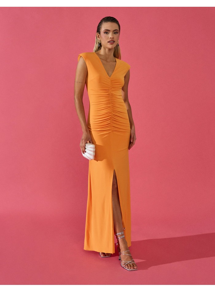 Long party dress with V-neckline and ruching