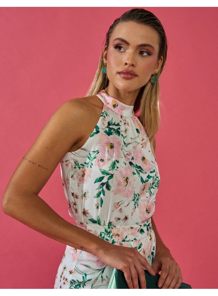 Blusa de fiesta con cuello halter y estampado floral