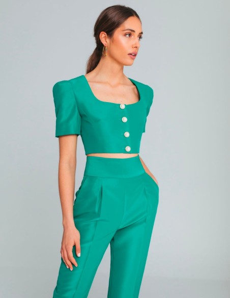 Short sleeve crop top with pearl buttons
