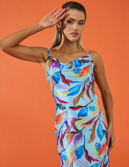 Lingerie style long party dress with print and waterfall back.