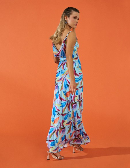 Lingerie style long party dress with print and waterfall back.