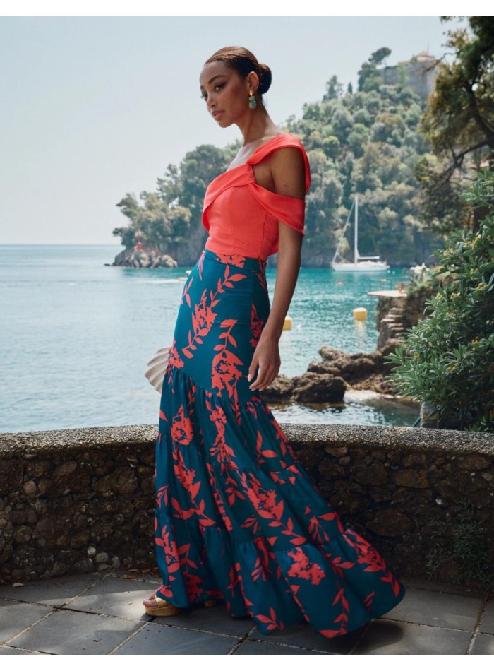 Top de fête corail avec bretelles asymétriques...