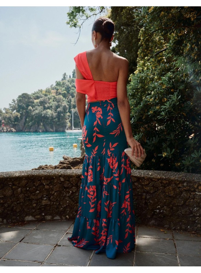 Top de fête corail avec bretelles asymétriques...