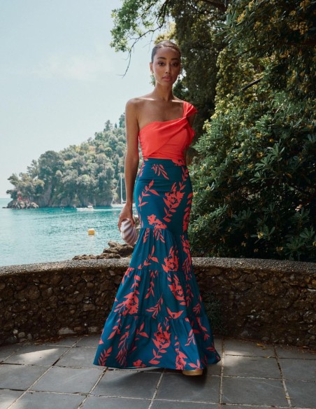 Falda larga de fiesta con estampado floral y volantes