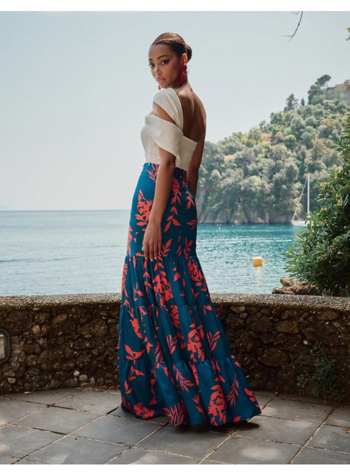 Jupe longue de fête avec imprimé floral et volants