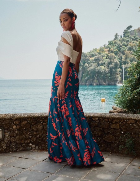 Jupe longue de fête avec imprimé floral et volants