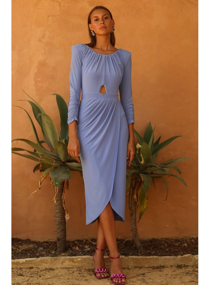 Midi party dress with closed neckline and cut-out at the waist