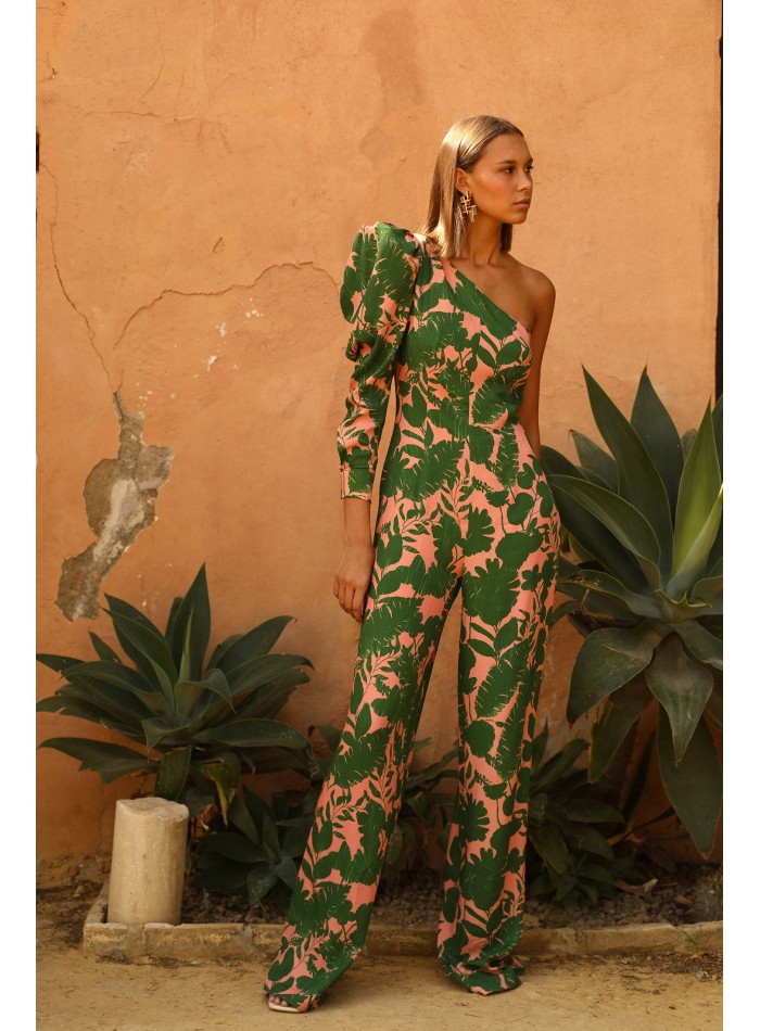 Flower printed party jumpsuit with asymmetrical puffed sleeves