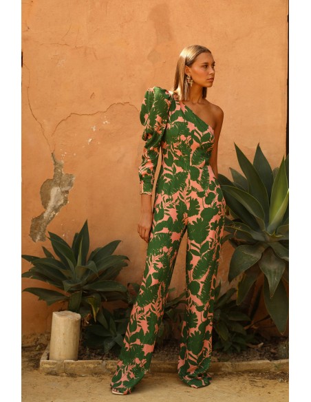 Flower printed party jumpsuit with asymmetrical puffed sleeves