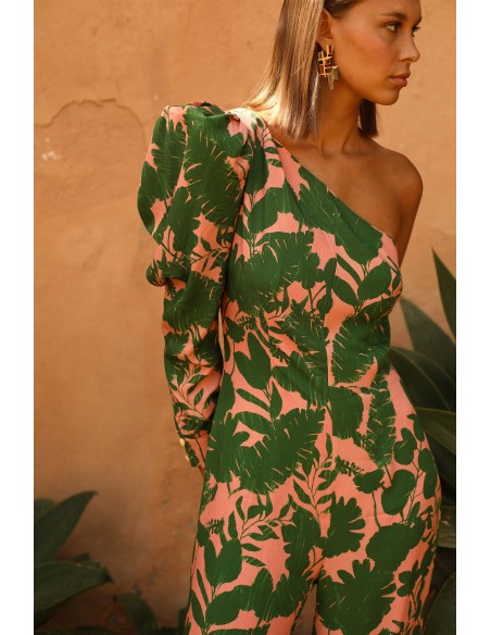 Combinaison de fête à imprimé fleuri avec manches bouffantes asymétriques