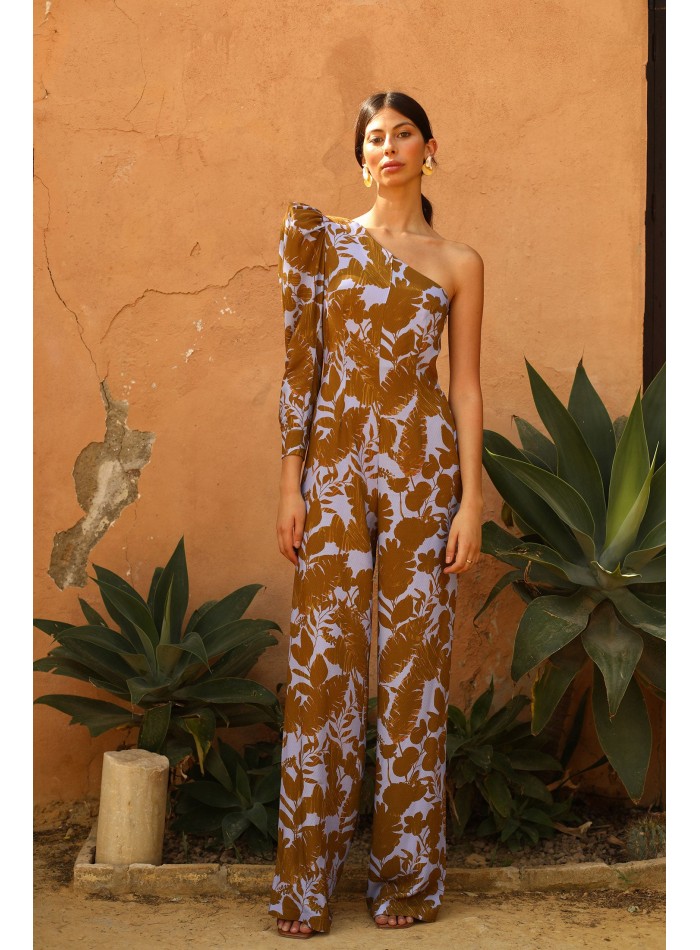 Party jumpsuit with asymmetrical neckline and floral print