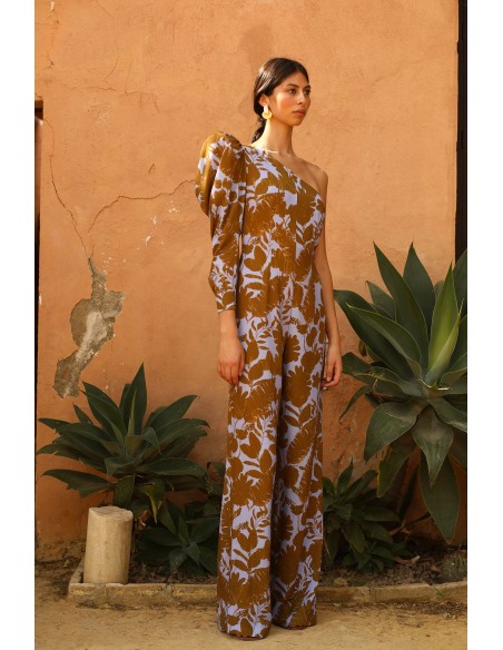 Combinaison de soirée à encolure asymétrique et imprimé floral