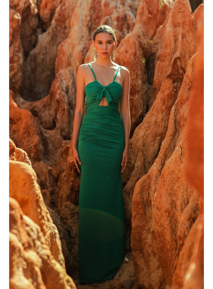 Long narrow party dress with cut-out cut and drape