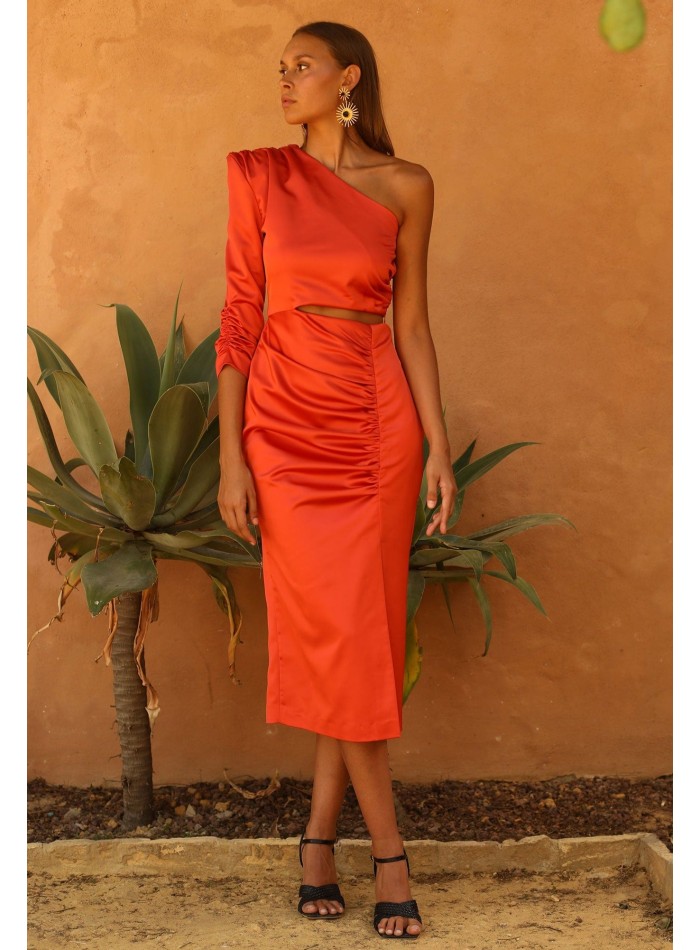 Midi party dress with cut-out and front draping