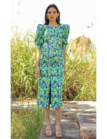 Printed midi party dress with round neckline and puffed sleeves