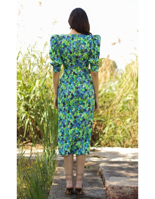 Vestido midi de fiesta estampado con escote redondo y mangas abullonadas 2