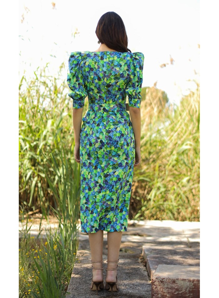 Robe de soirée midi imprimée à encolure ronde...