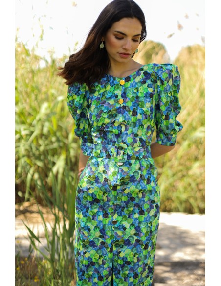 Printed midi party dress with round neckline and puffed sleeves