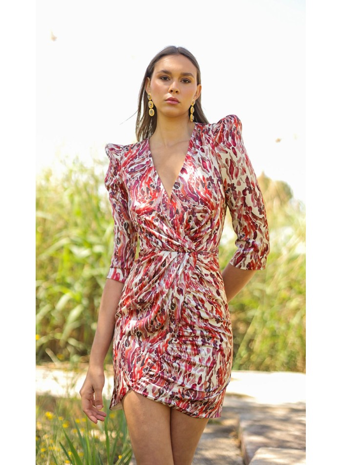 Short multicolor printed party dress with shoulder pads and ruching