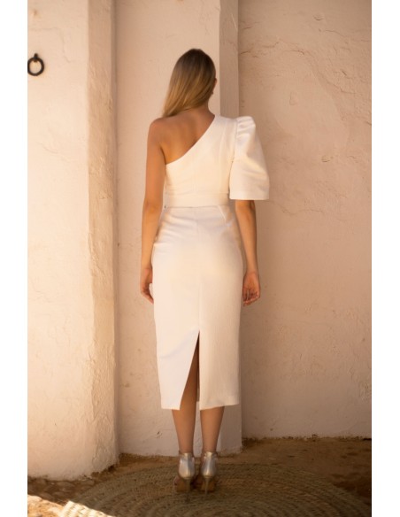 Midi dress with asymmetrical neckline and cut to the waist