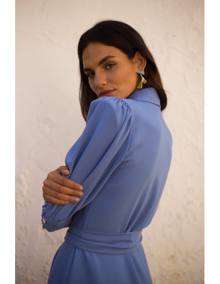 Midi party dress with puffed sleeves and crossover neckline