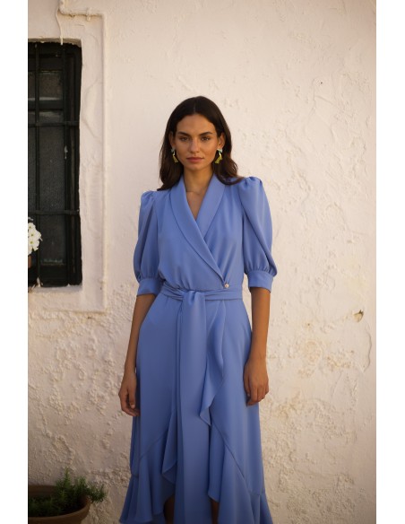 Vestido de fiesta midi con manga abullonada y escote cruzado