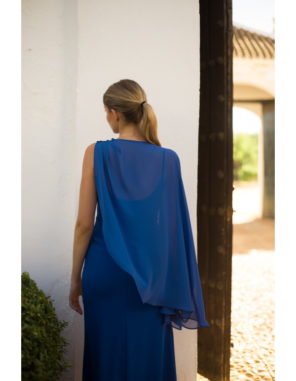 Long party dress with straps and matching cape detail 2