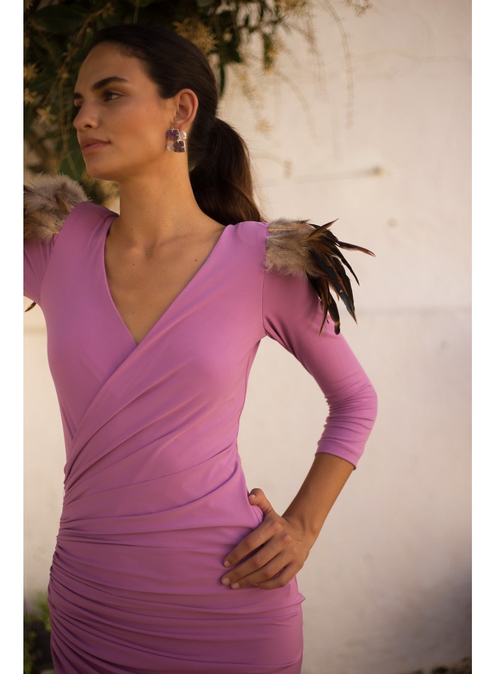 Midi dress with crossover neckline and feather...
