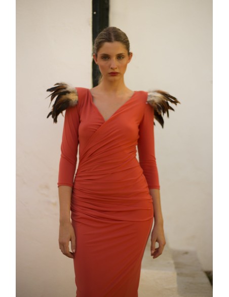 Midi dress with crossover neckline and feather details Midi dress with crossover neckline and feather details