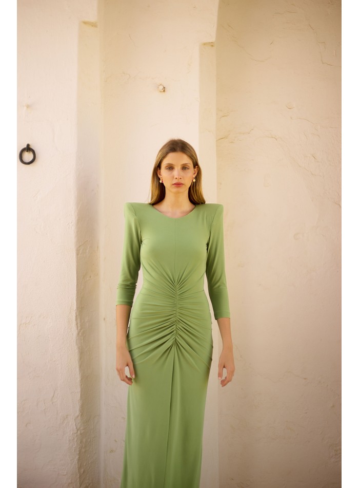 Fitted guest dress with scoop neckline and open back