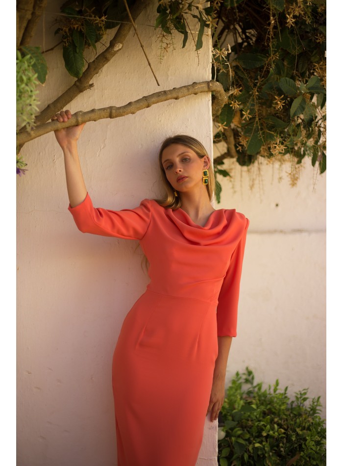 Midi guest dress with cascading neckline, shoulder pads and belt