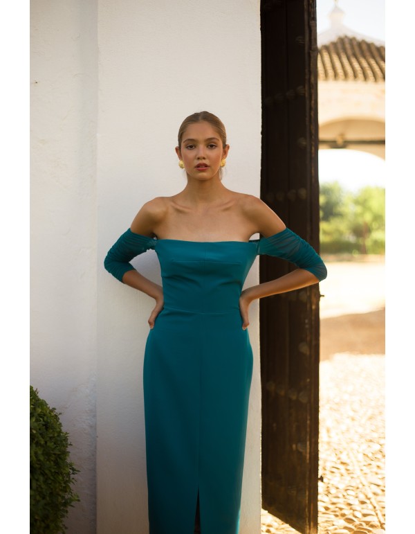Robe de soirée midi avec manches en tulle