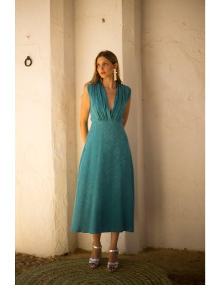 Vestido de fiesta midi en tejido jacquard con escote en V Vestido de fiesta midi en tejido jacquard con escote en V