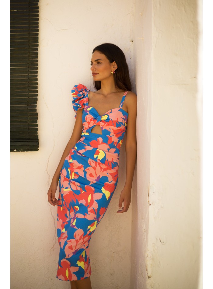 Tropical printed midi party dress with double flounce