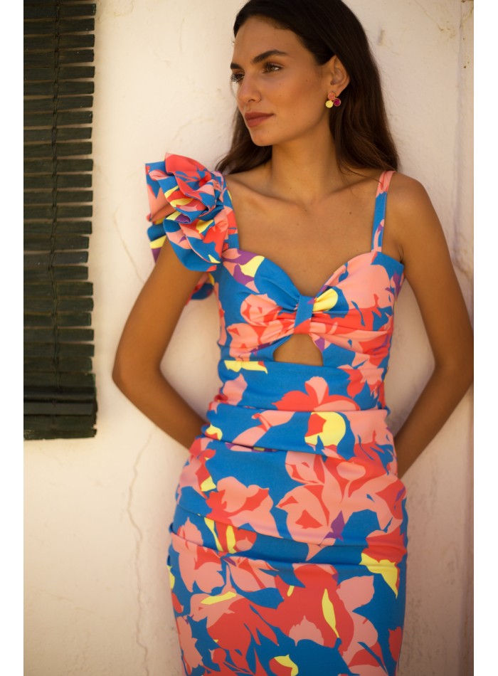 Vestido de fiesta midi estampado tropical con...