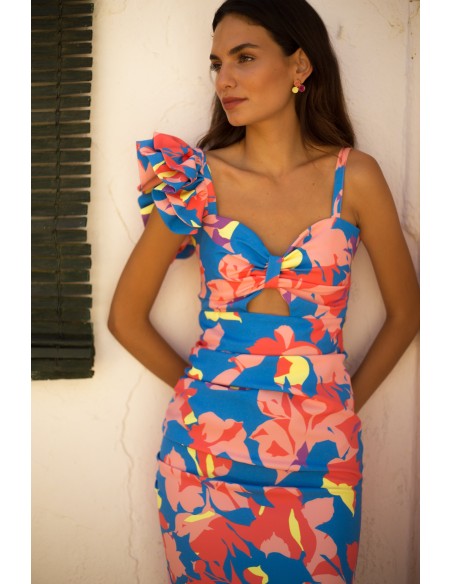 Tropical printed midi party dress with double flounce