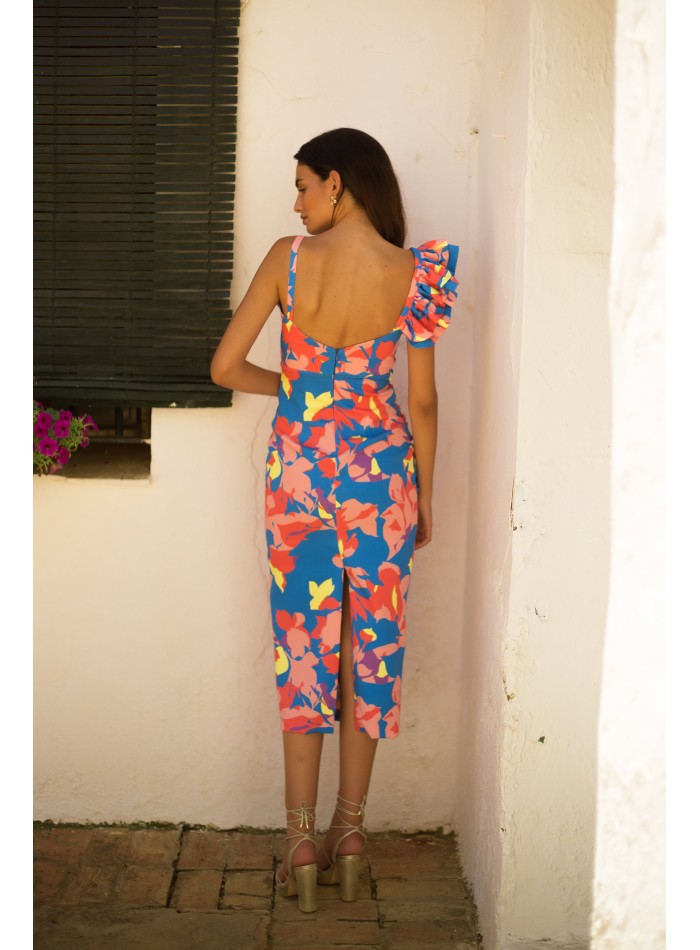 Tropical printed midi party dress with double...