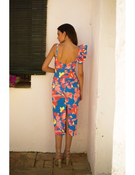 Robe de soirée midi à imprimé tropical avec double volant