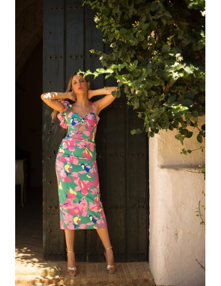 Robe de soirée midi imprimée asymétrique avec détail de volants et volant sur la poitrine