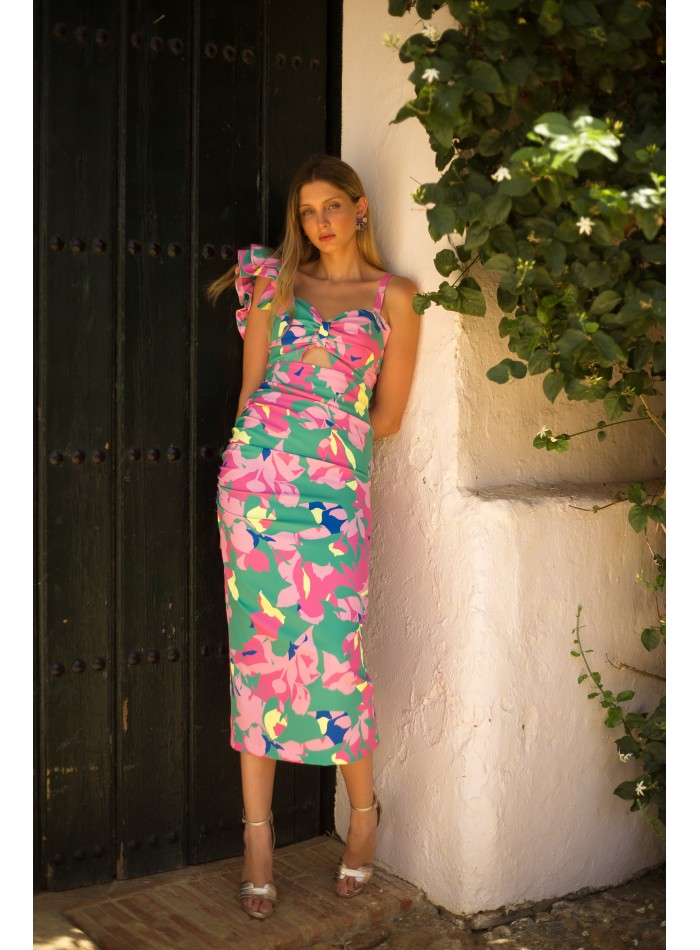 Asymmetrical printed midi party dress with...