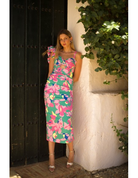 Robe de soirée midi imprimée asymétrique avec détail de volants et volant sur la poitrine