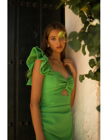 Asymmetric midi dress with double ruffle on the shoulder