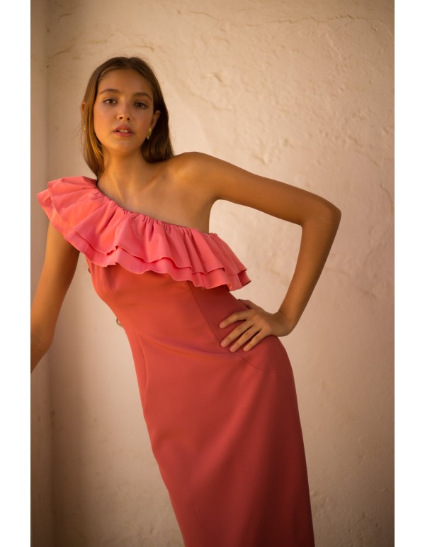 Robe de soirée midi avec maxi volants en satin 2