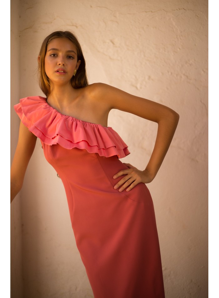 Vestido de fiesta midi con maxi volante de satén