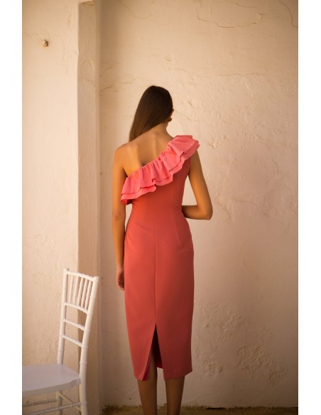 Vestido de fiesta midi con maxi volante de satén