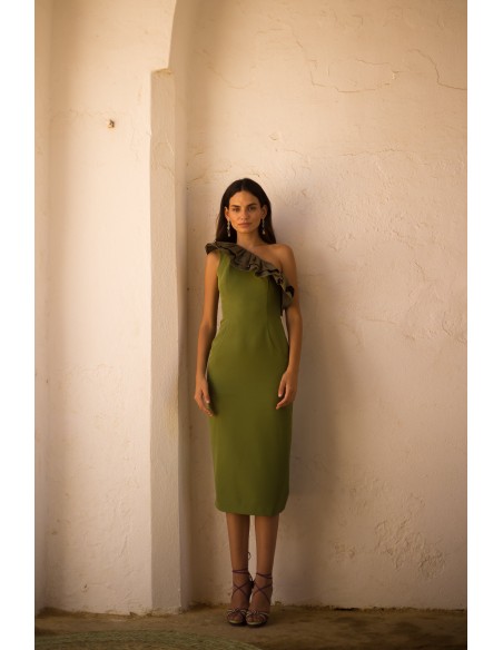 Midi party dress with asymmetrical neckline and maxi flounce